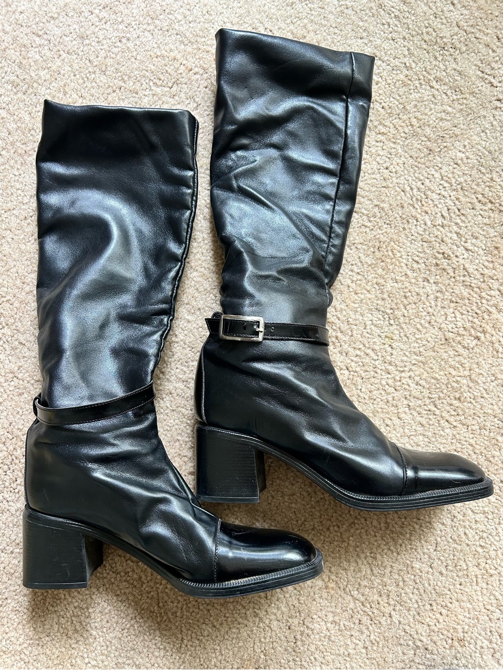 Italian Leather Fitted Black Mid-Calf Block Heel Boots with Buckle